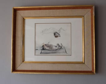 Vintage Surrealist Anatomical Dog Drawing: Mid-Century Dutch Art