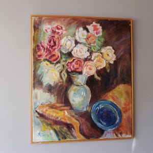 Vintage Oil Painting of Flowers, Swedish Painting, Mid-Century Floral Still Life, Still Life Painting, Vintage Decorative Art, Boho Interior