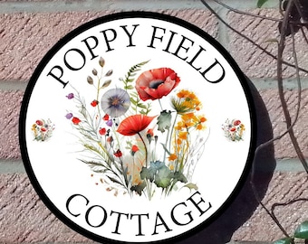 Letrero para casa de Poppies, número, nombre, dirección, letrero para cabaña, placa de aluminio, regalo o decoración de pared.