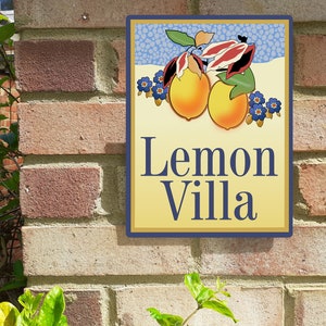 Lemons house sign or kitchen plaque with art deco retro design personalised house number address sign gift or wall art
