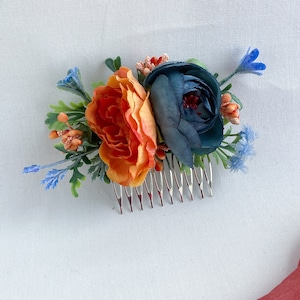 Floral Hair Comb, Boutonniere & Wrist Corsage Set | Burnt Orange Wedding Accessories | Blue Flower Hairpiece