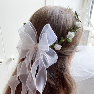 First Communion Headpiece with Veil & Bow, White Flower Crown