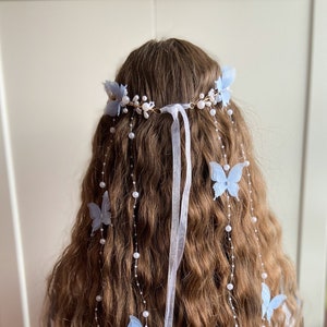 Pearl Hair Vine with Blue Butterfly Accents - Bridal Hair Piece