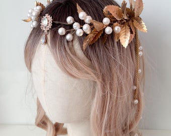 Pearl Leaf Crown with Rhinestones - Gold Goddess Headband for Brides and Festivals
