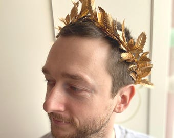 Ręcznie wykonany wianek z liści laurowych – złota opaska z wizerunkiem bogini na śluby i specjalne okazje