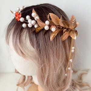 Pearl Gold Leaf Crown with a Butterfly - Gold Goddess Headband for Brides and Festivals