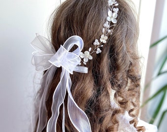 Copricapo da damigella d'onore con perle, fiocco e velo - Decorazione per capelli per la Prima Comunione