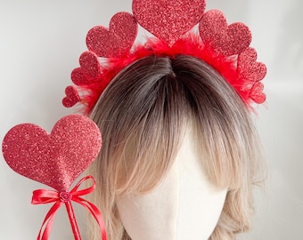 Red Glitter Heart Crown with Feather Trim, Matching Wand or Set, Queen of Hearts Headpiece, Valentine's Day Party Headband