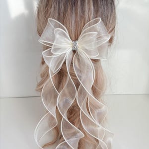 Könnte beinhalten: Ein durchsichtiger elfenbeinfarbener Haarschmuck mit einem funkelnden Strassstein-Mittelteil. Lange, wellenförmige Bänder fallen nach hinten. Dieses elegante Haaraccessoire verleiht jeder Frisur einen Hauch von Raffinesse, ideal für Hochzeiten oder besondere Anlässe.