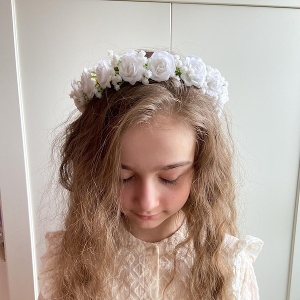 Flower crown for first communion with white roses, flower girl crown