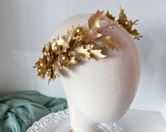 Grecka ozdoba głowy ze złotych liści: tiara cosplay bogini, wieniec laurowy