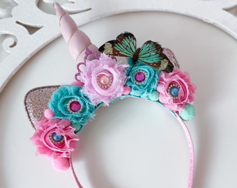 Unicorn crown with pink & blue flowers, Unicorn Horn floral crown