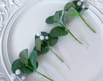 Horquillas de eucalipto con perlas, Horquillas para el pelo de novia, Horquillas para el pelo de boda