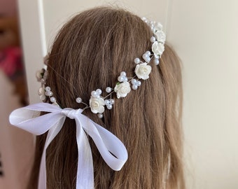 First Communion Headpiece with Pearls and Flowers, White Flower Girl Crown