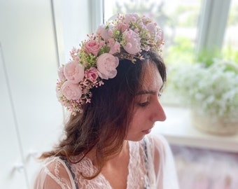 Pink Flower Crown, Bridal hair piece, Ukraine shops, Wedding hair piece