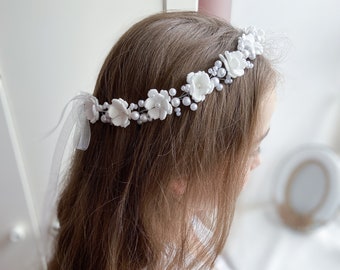 First Communion Headpiece with pearls, White Flower Girl Crown