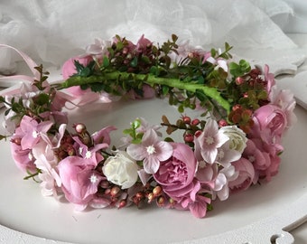 Couronne de fleurs roses et blanches, couronne florale rose, casque de mariage, bandeau de mariée