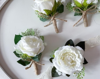 Ivory Boutonniere & Wedding Corsage, Boutonniere for men, Greenery Boutonniere