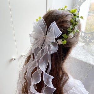 Floral First Communion Crown: Handmade White Bow Veil Headpiece