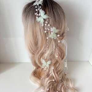 Green Butterfly Pearl Hair Vine: Bridal Crown Headpiece