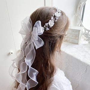 Floral Headpiece for First Communion - Classic White, with Veil & Bow, Flower Girl Crown