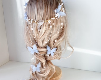 Light blue bridal butterfly crown, butterfly pearl hair vine, pearl hair piece