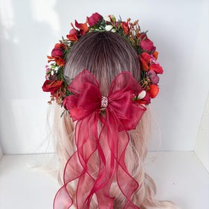Red Flower Crown with Bow: Boho Wedding Hair Wreath