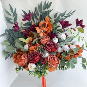 Terracotta & Burgundy Bridal Bouquet | Fall Wedding Bouquet with Roses and Peonies | Autumn Wedding Flowers