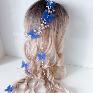 Blue Butterfly Pearl Hair Vine: Bridal Crown Headpiece