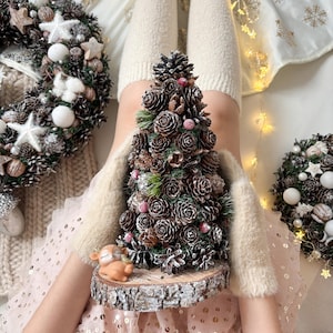 Mini Pinecone Christmas Tree with Deer Figurine, Frosted Woodland Decor on Wood Slice Base