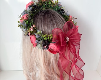 Red Rose Crown: Floral Headpiece for Weddings & Festivals