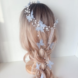 Blue Butterfly Bridal Hair Vine: Pearl Wedding Tiara, Woodland Crown