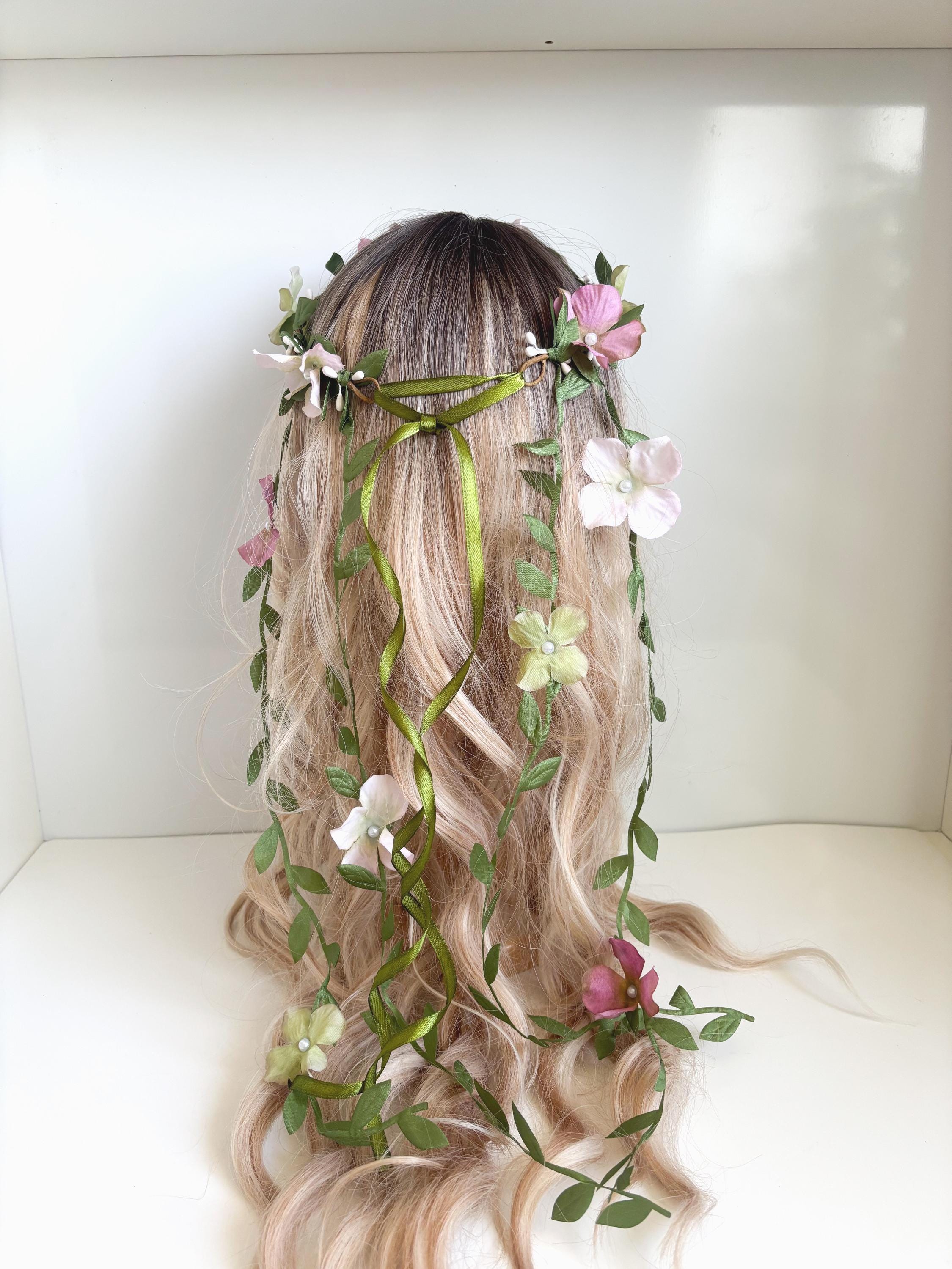 Pink Flower Hair Wreath with Green Vine Ribbons, Woodland Fairy…