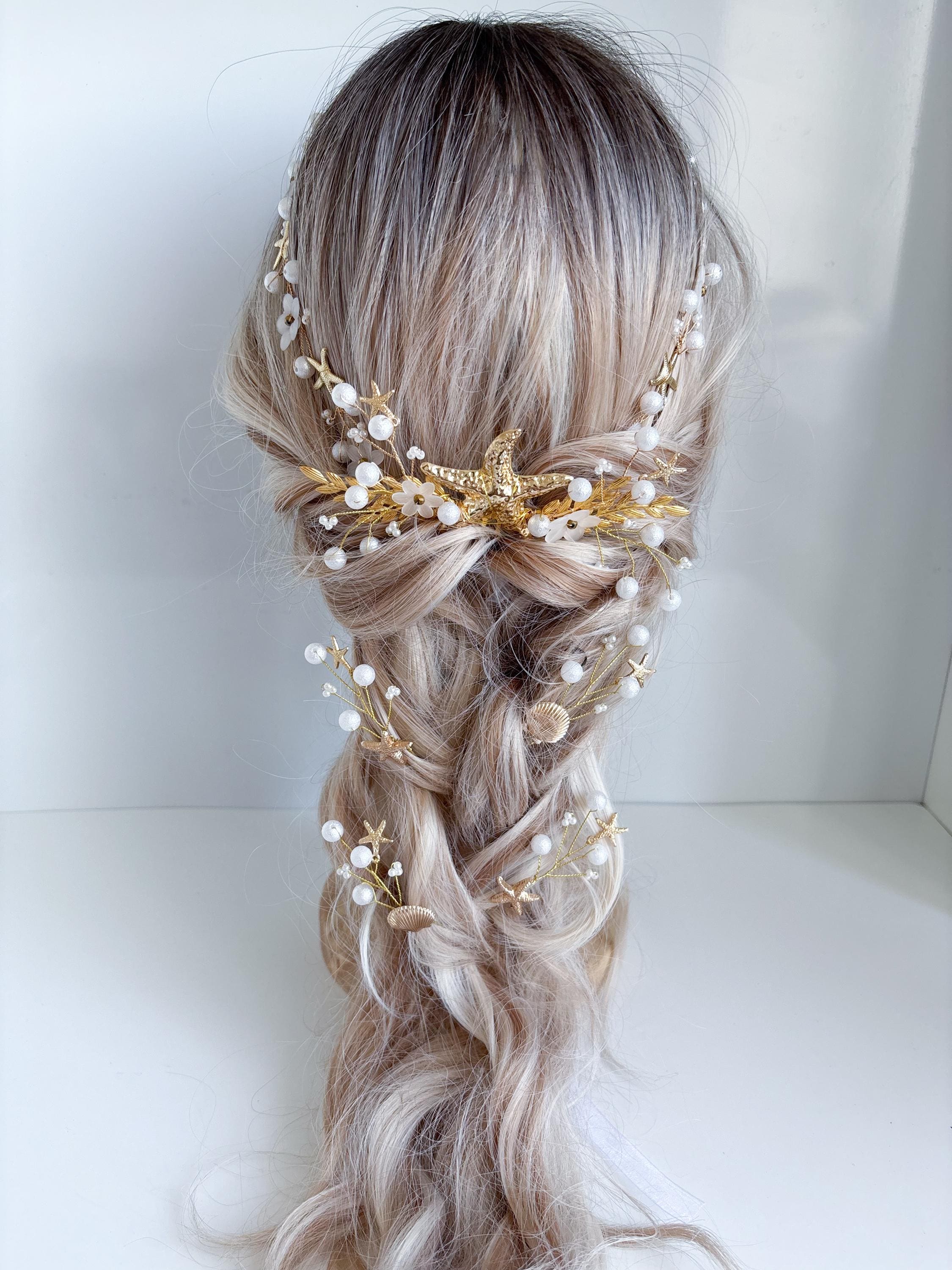 ☆ glass accessory ☆ hair accessory Beach Wedding Hair Accessories Set: Gold Starfish Vine, Shell