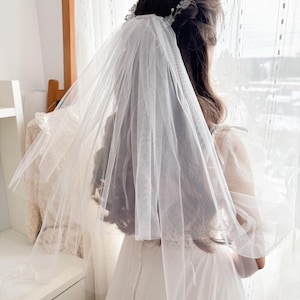 May include: A sheer white bridal veil with a delicate floral headpiece. The veil is layered and drapes over the back of a white dress. The image is taken indoors with natural light.