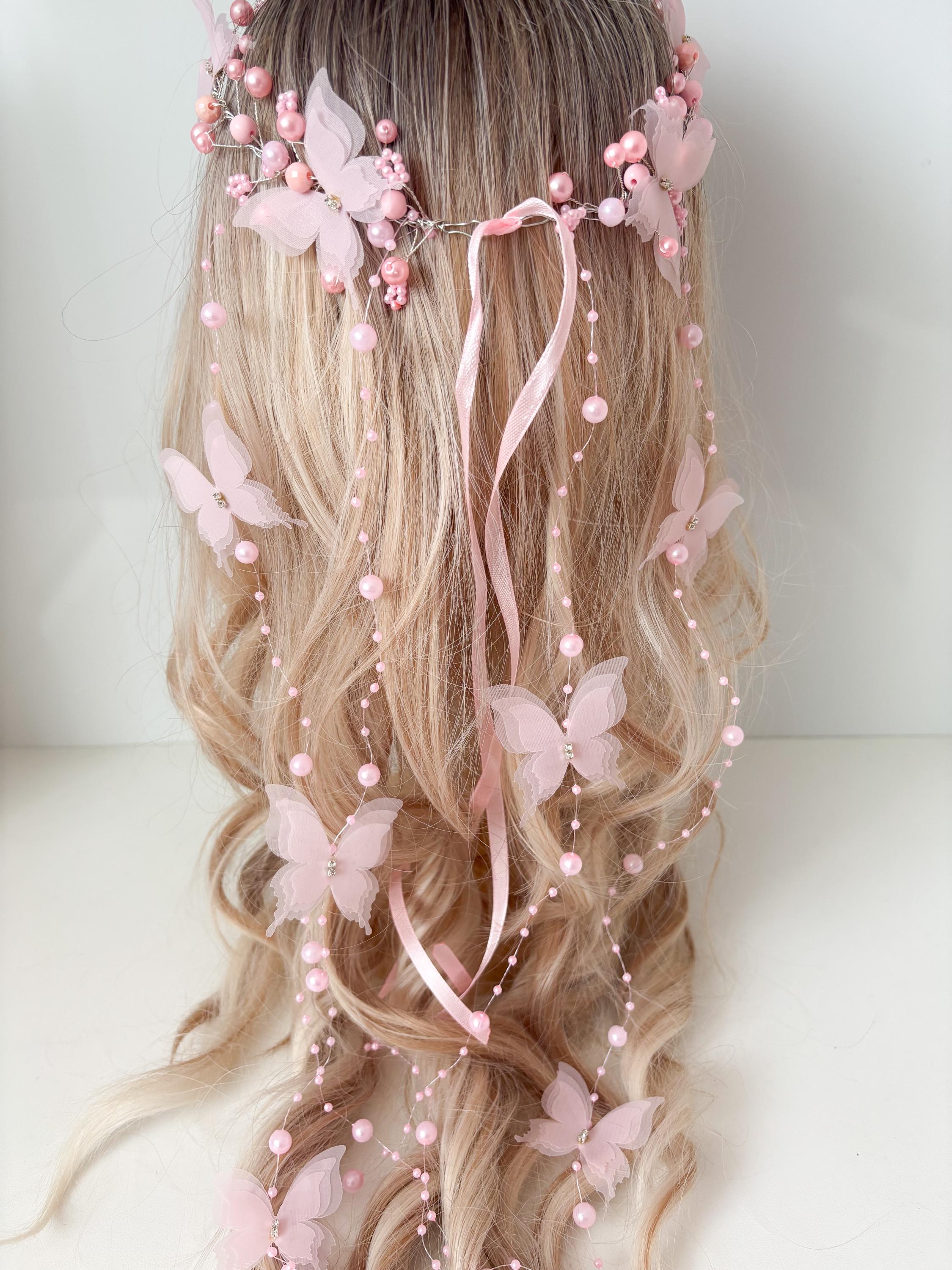 Pink Bridal Butterfly Crown: Pearl Hair Vine - Etsy