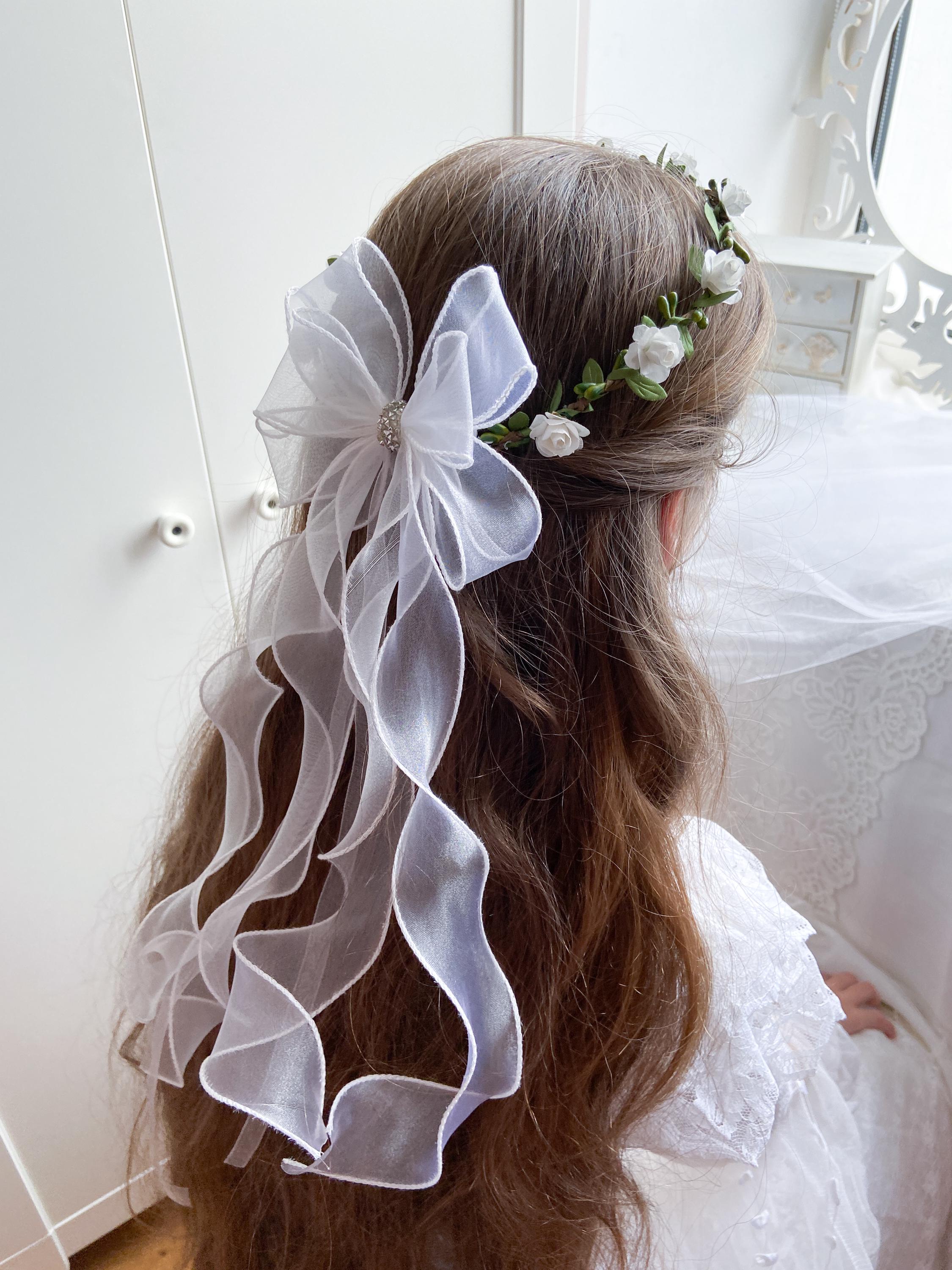 Vintage White Satiny Hair Wreath with Pink Rosette Accents on Veil Rosette Bridal Veil - Etsy main image 2