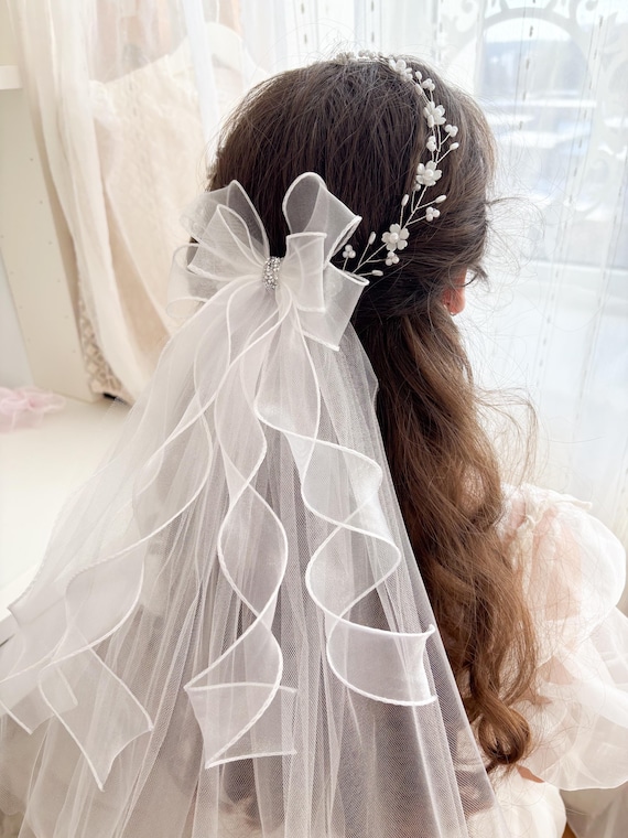 Bride Bow Headband with Veil - White French Bridal Headband With Veil and Bow, Elegant White  main image 4