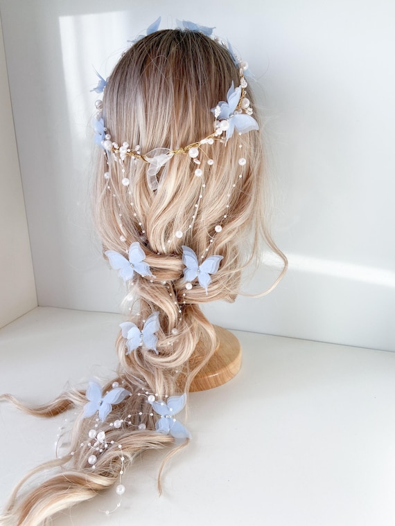 Light Blue Butterfly Pearl Hair Vine: Bridal Crown