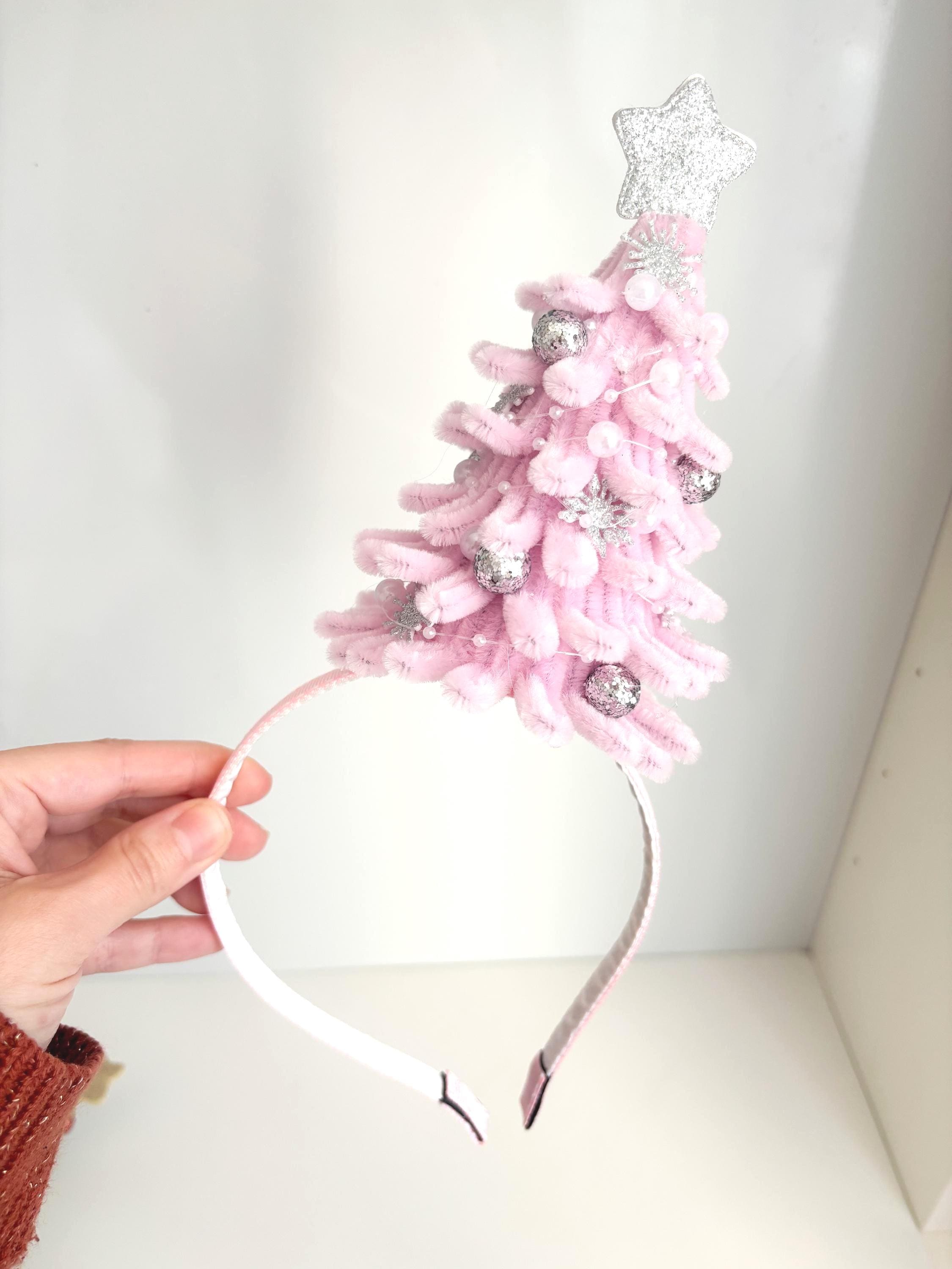 Pink Christmas Tree Headband with a Silver Star and Mini Ornaments