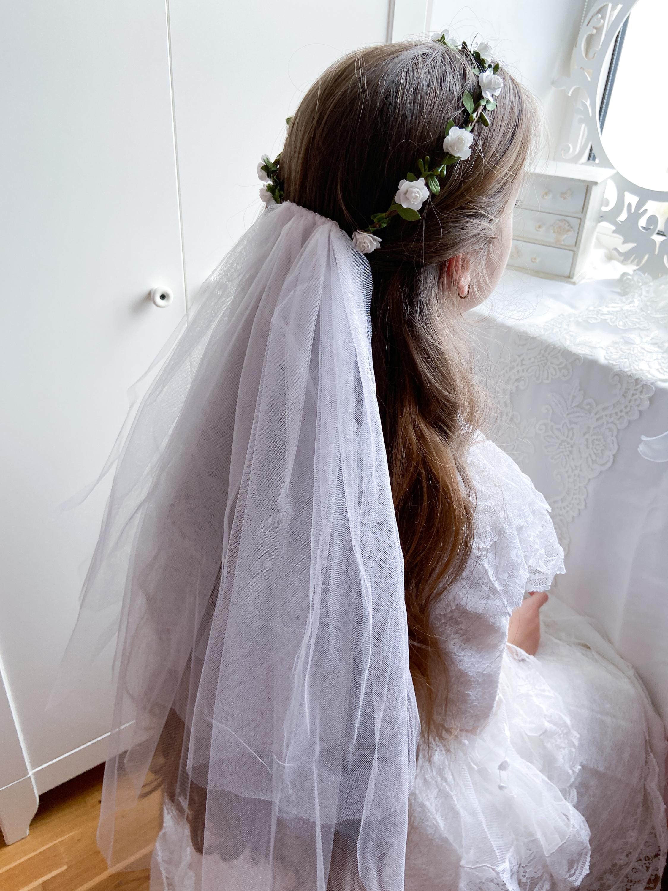 First Communion Headpiece With Veil & Bow, White Flower 