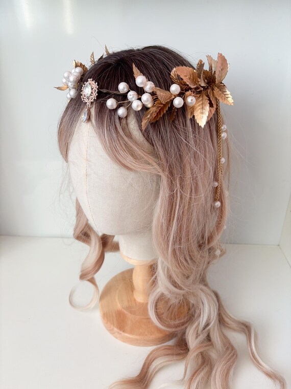 Pearl Leaf Crown With Rhinestones - Gold Goddess Headband  display picture 3