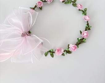 9390 Floral Tiara Hairband Peach, Pink & White Flower Crown Headband Pink Rose Flower Girl Headband: Wedding Floral Crown With  main image 4