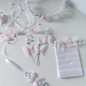 Light Pink Butterfly Bridal Hair Set: Pearl Headpiece, Corsage & Boutonniere