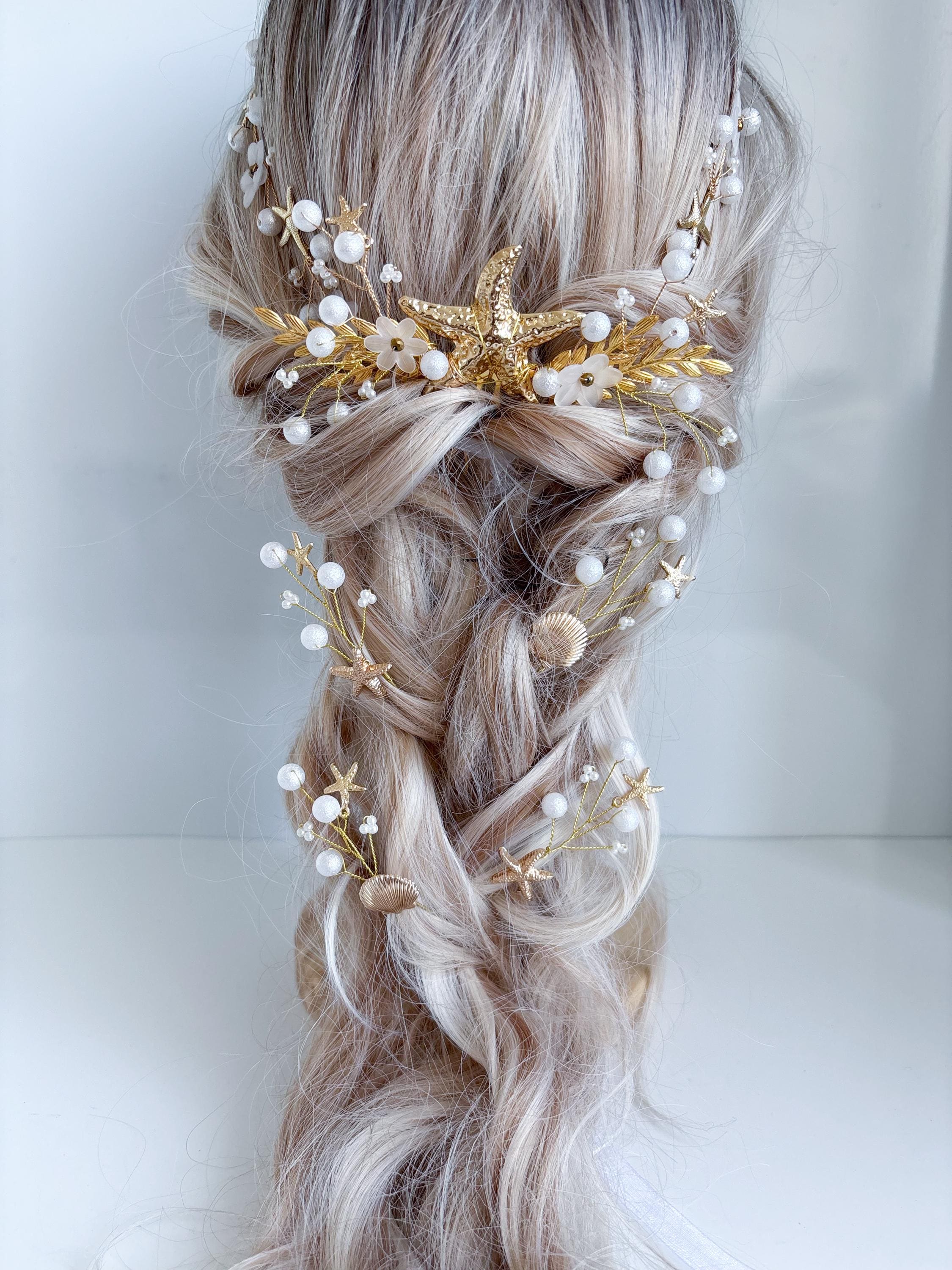 ☆ glass accessory ☆ hair accessory Beach Wedding Hair Accessories Set: Gold Starfish Vine, Shell