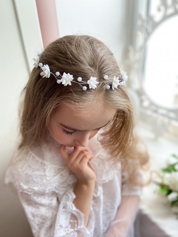 White Flower Pearl Crown Veil First Communion Flower Girl