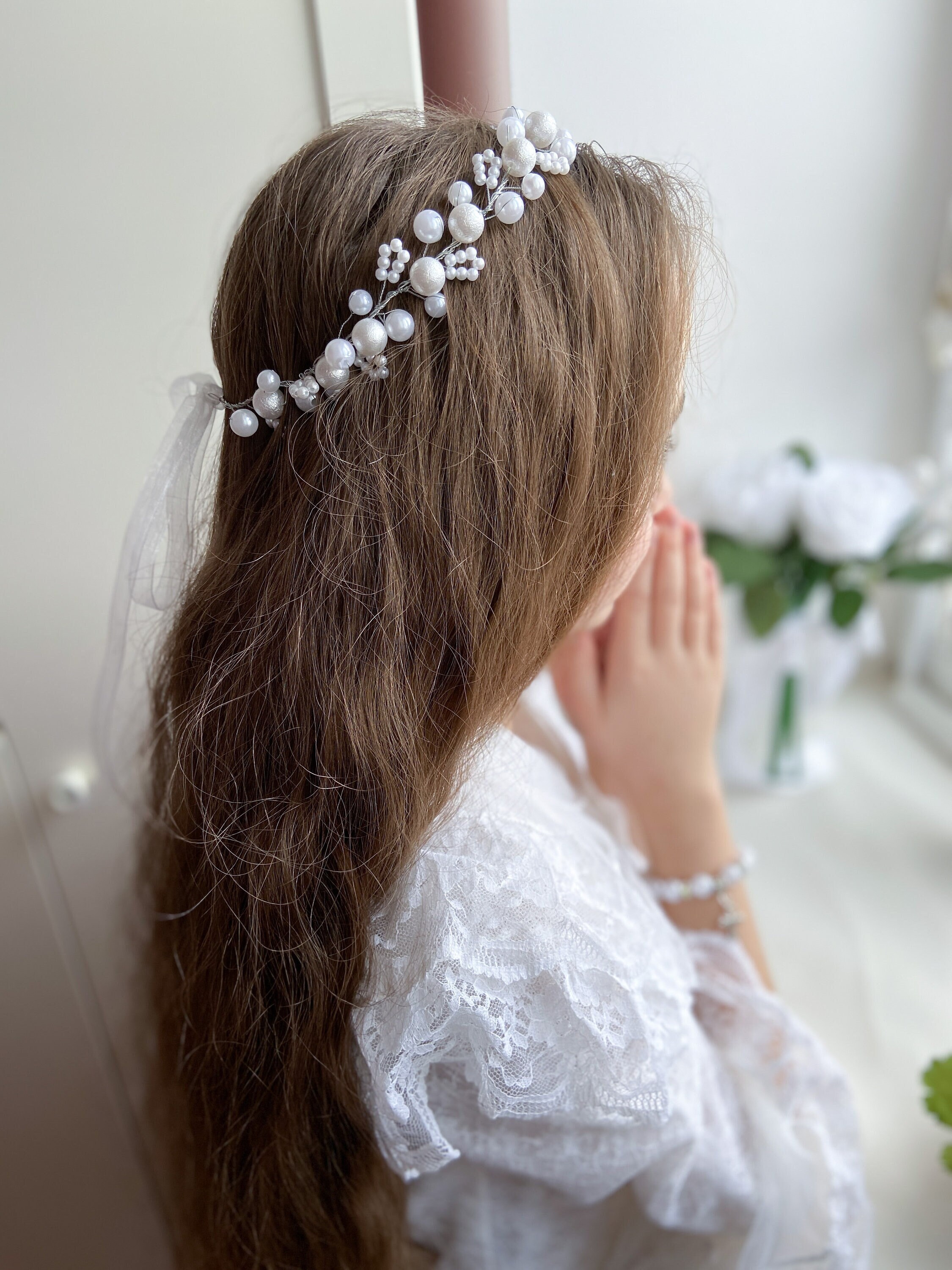White Pearl Headband, Bow & Veil for First Communion Celebrations
