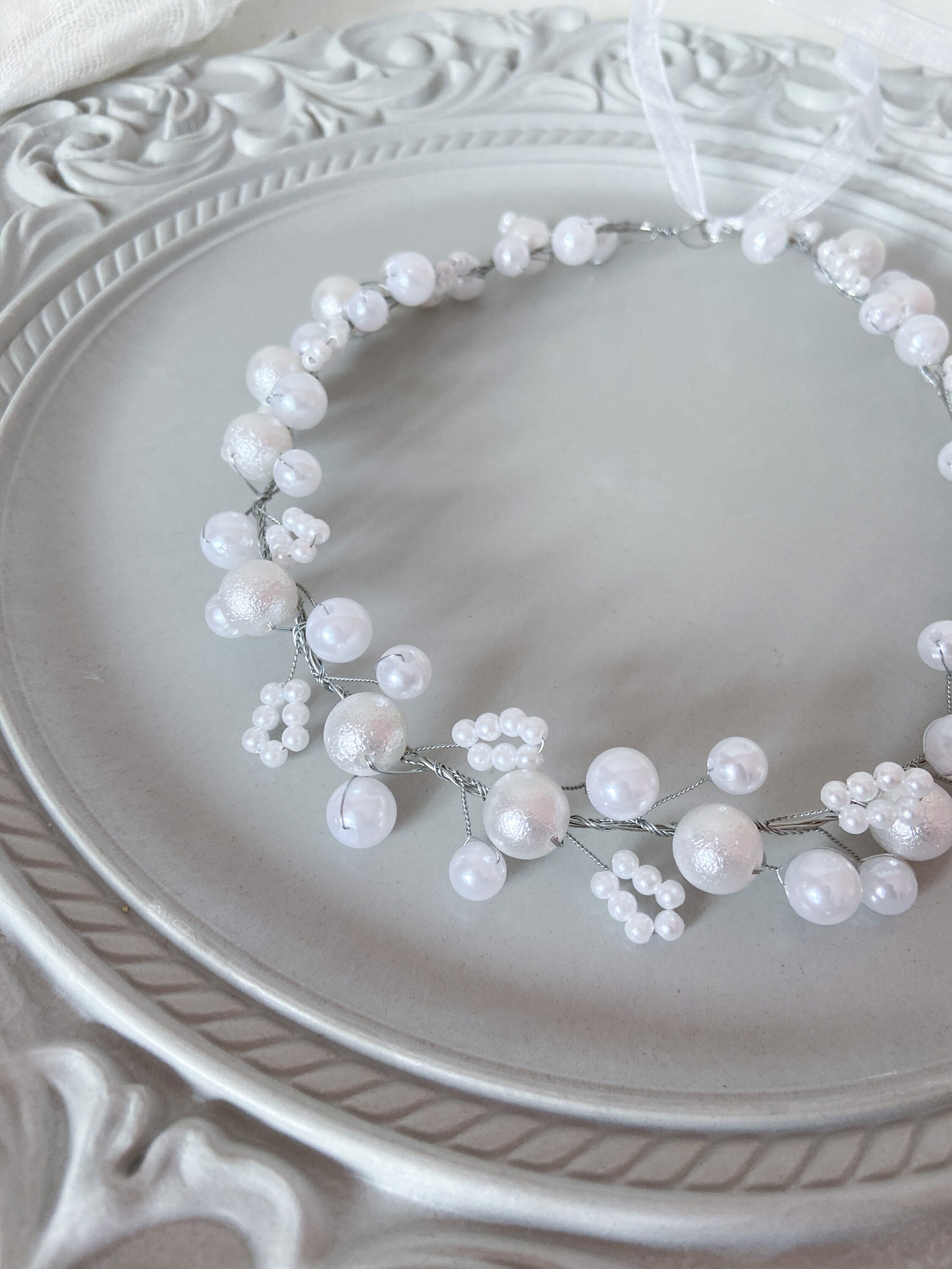 White Pearl Headband, Bow & Veil for First Communion Celebrations