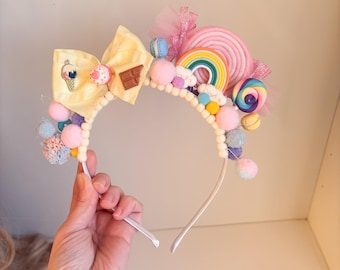 Pink Ice cream & candy Headband, Sweets Crown, Food Hairpiece, Candyland Fascinator