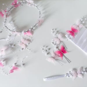 Butterfly Hair Accessory Set: Pink & Fuchsia Headpiece, Pins, Corsage